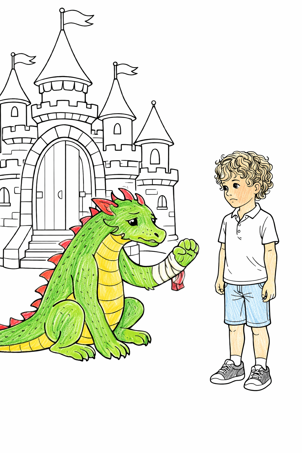 A personalised colouring book page featuring a child on a magical adventure